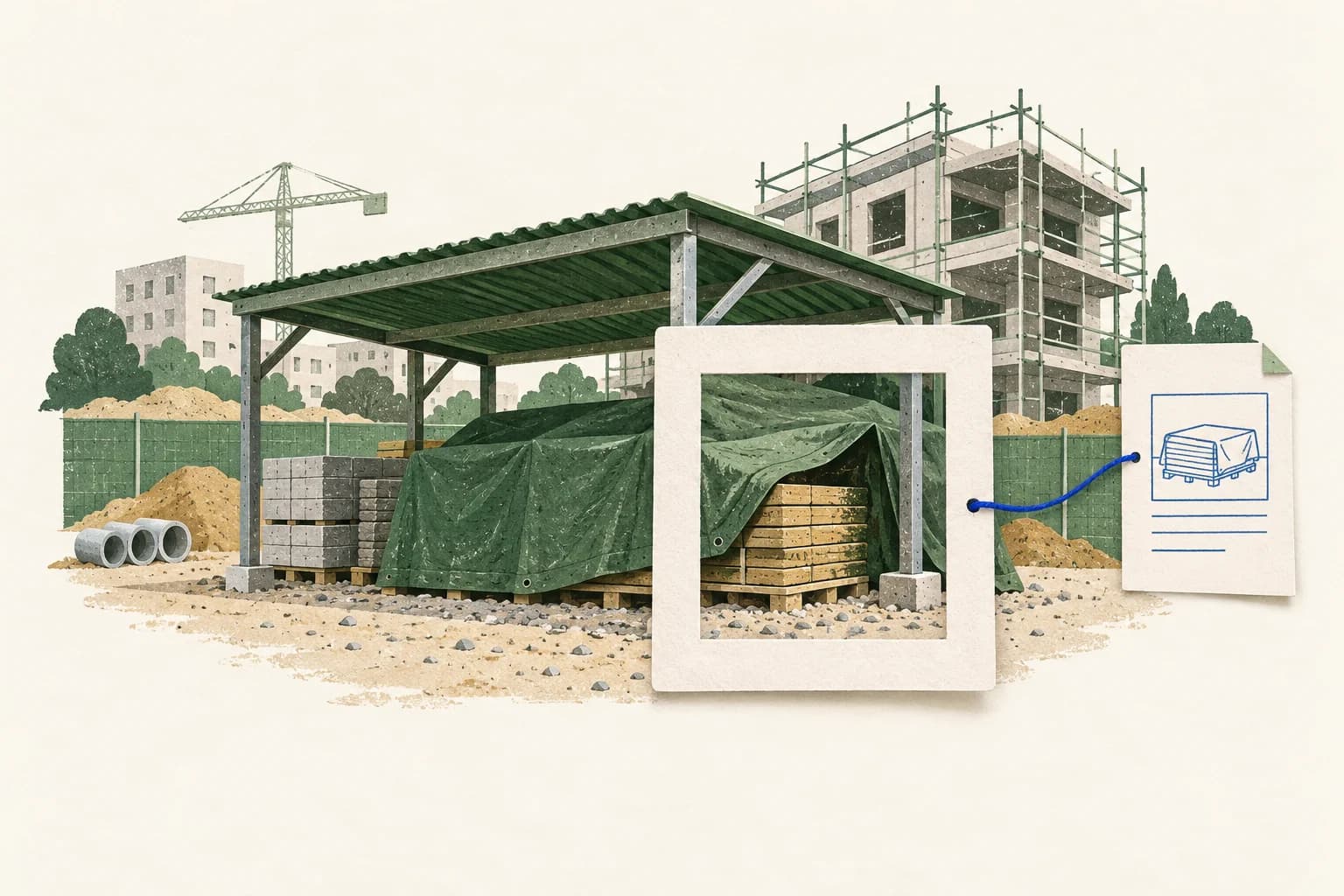 A covered construction storage area is connected to an inspection record.