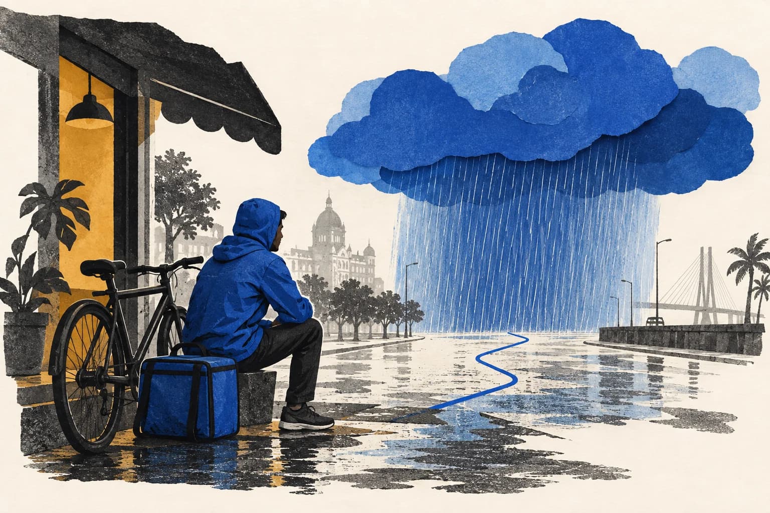 A delivery rider waits beside a bicycle while heavy rain interrupts the route.