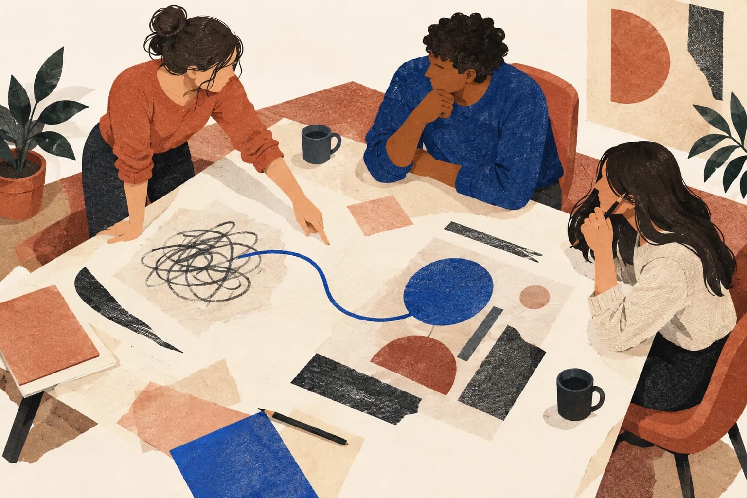 Three students review a shared draft around a table.